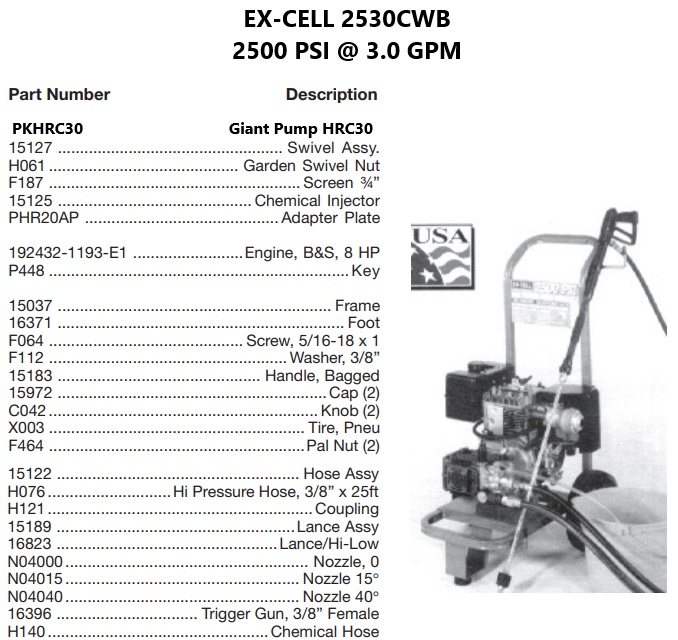 DEVILBISS model 2530CWB power washer parts